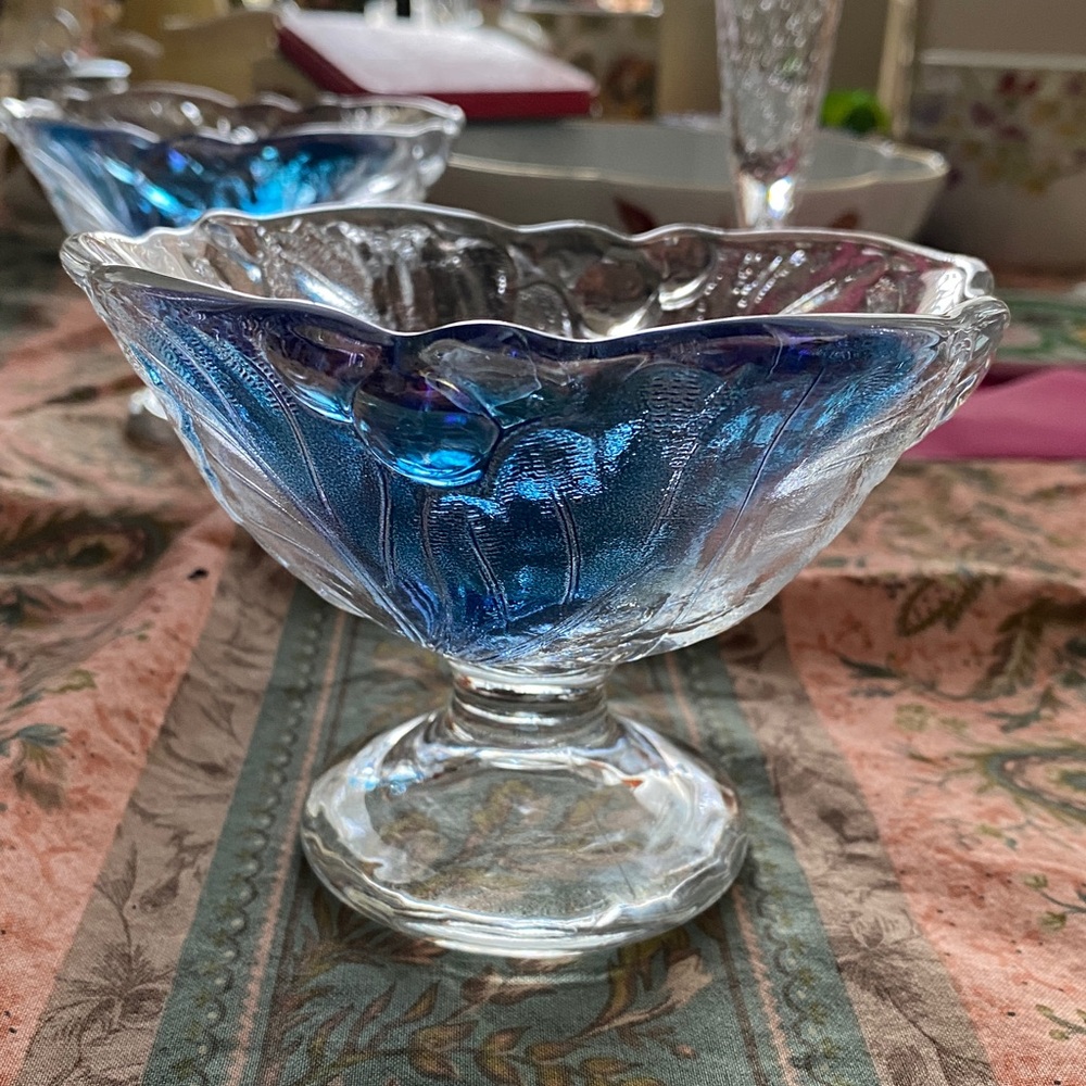 2 Vintage Dessert/Candy Dishes.  Clear with Blue. Smooth inside, raised out. EC